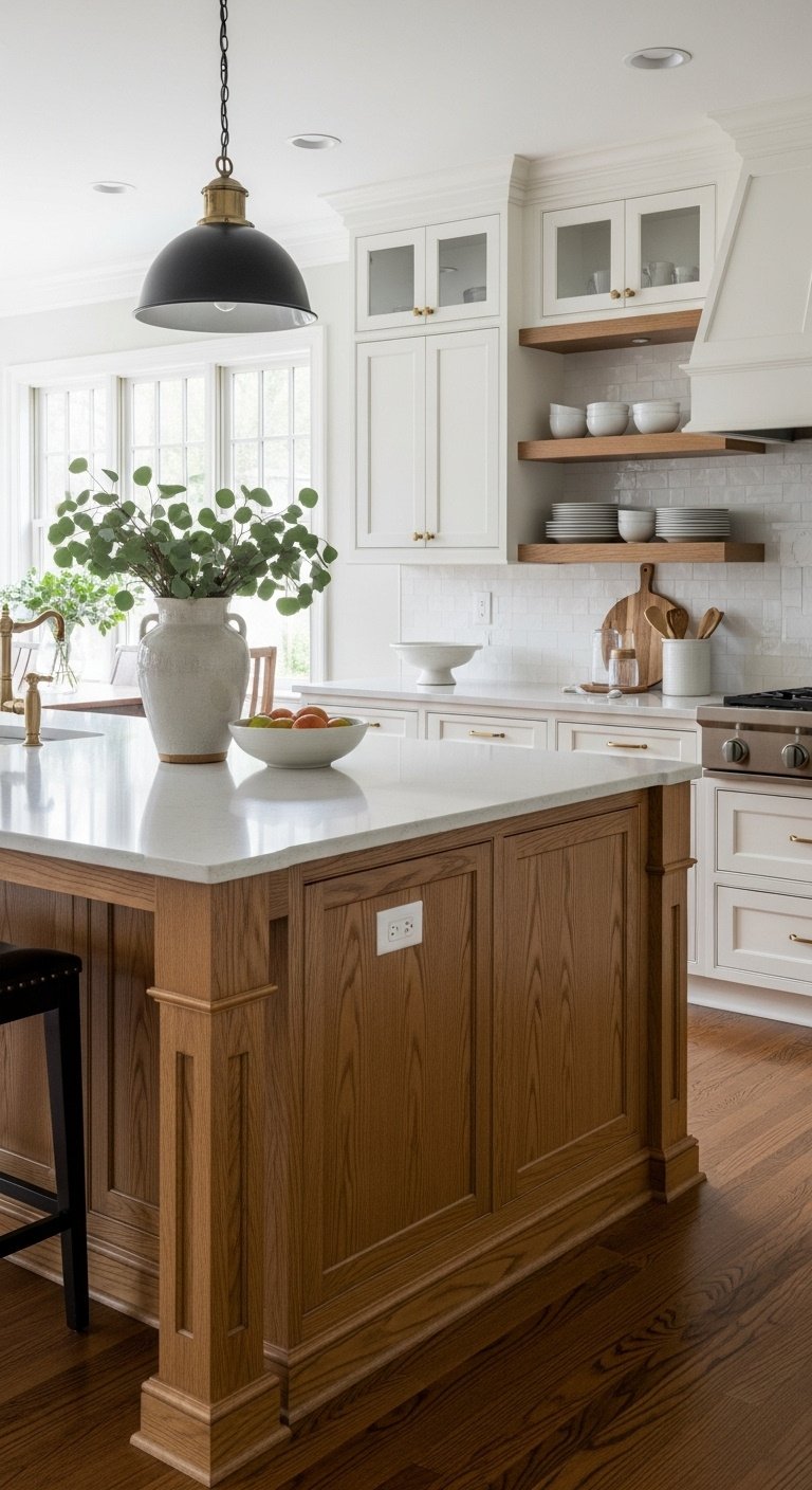 Warm transitional kitchen remodel after shot with white shaker cabinets oak island quartz countertop brass hardware and natural light