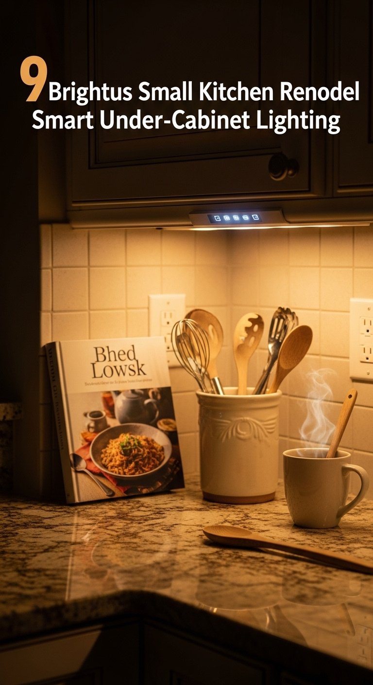 Warm under-cabinet lighting illuminates a granite countertop with a cookbook and utensil holder in a small kitchen remodel