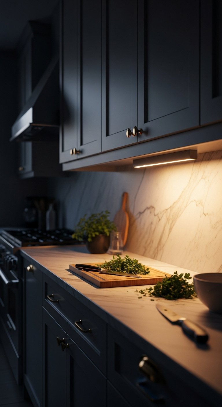 Warm undercabinet lighting illuminates marble countertop under dark gray cabinets at dusk