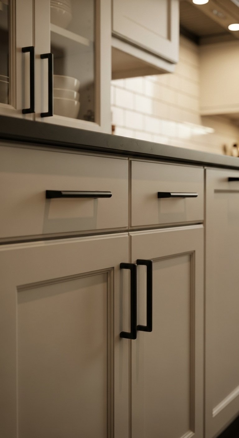 Warm white shaker cabinets with matte black bar pulls and white subway tile backsplash in a modern farmhouse kitchen with moody lighting