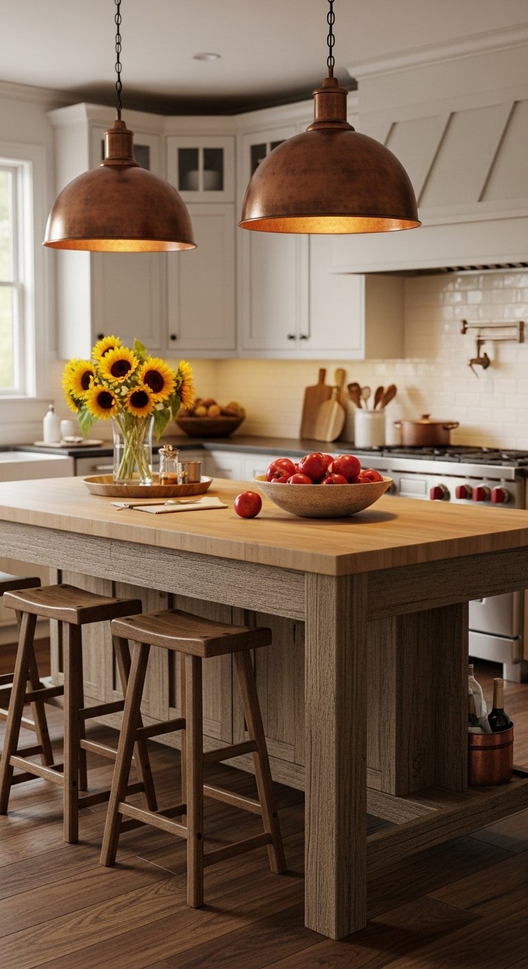 Weathered farm table kitchen island with butcher block top and rustic bar stools under copper lights