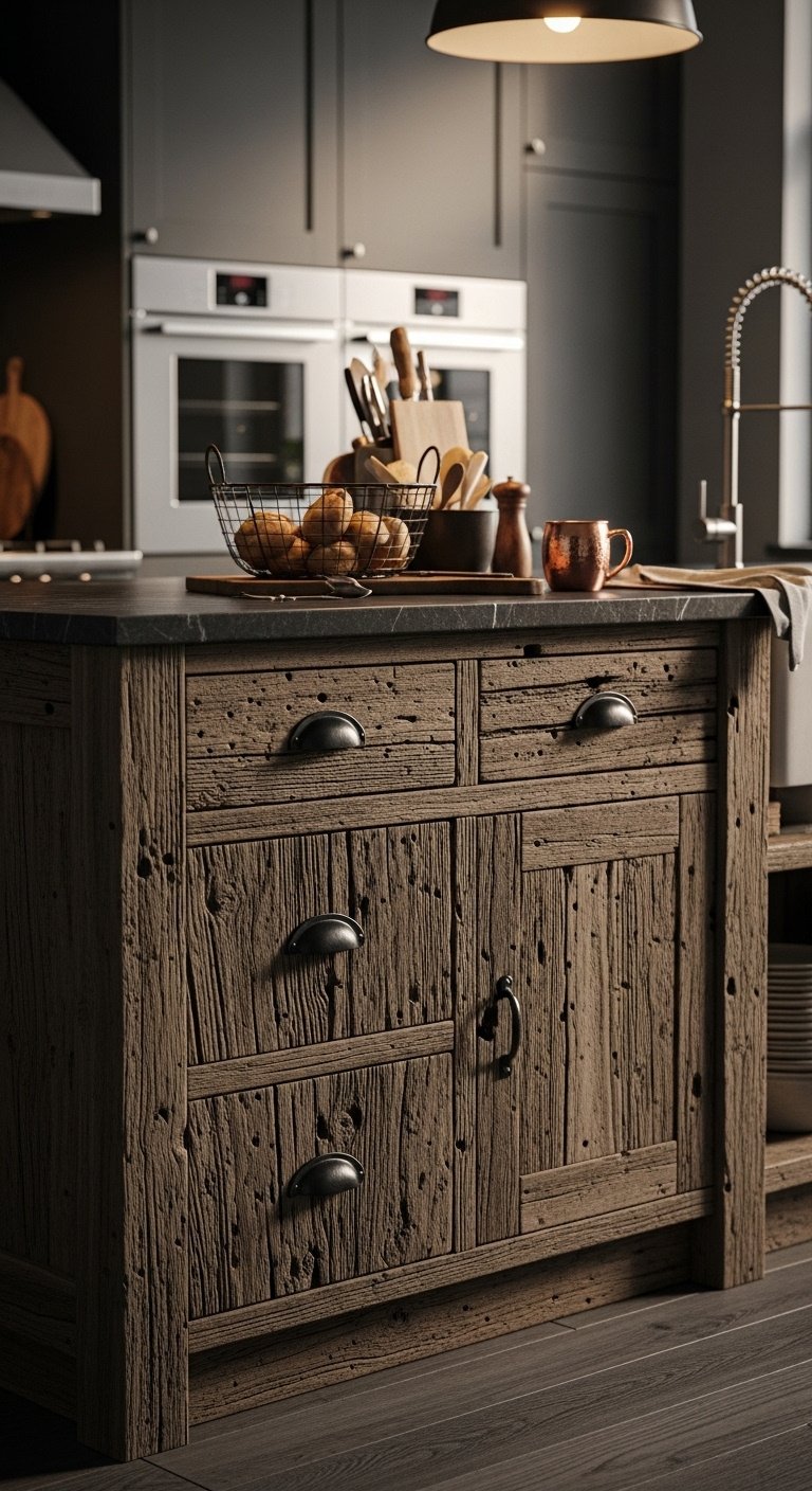 Weathered reclaimed barn wood kitchen island with soapstone counter, cast iron pulls, wire basket, and copper mug