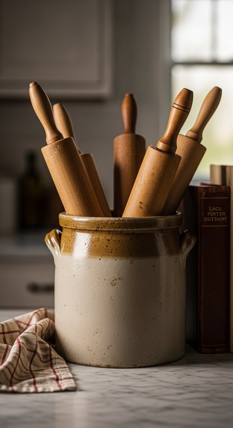 Weathered stoneware crock with antique wooden rolling pins and old cookbooks on a marble kitchen counter