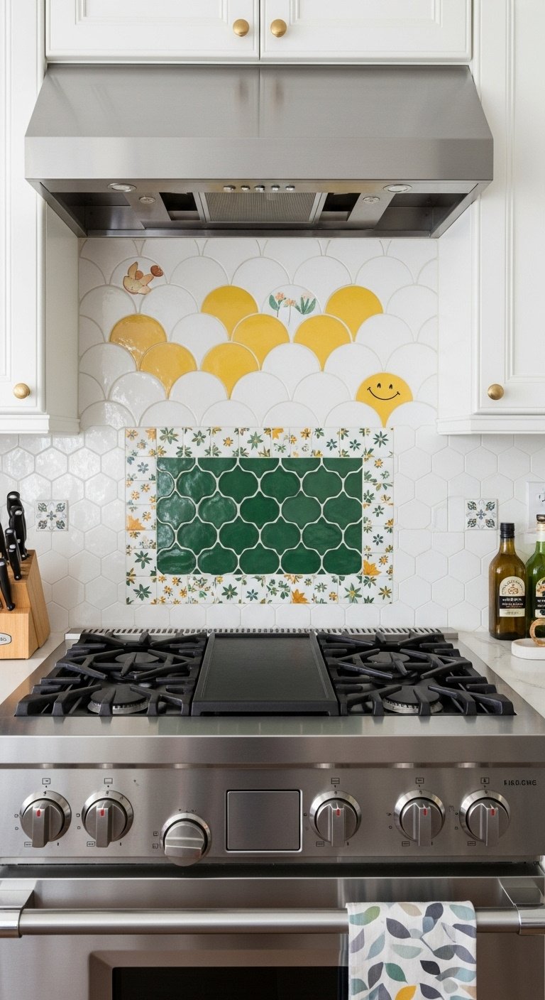 Whimsical kitchen backsplash with colorful penny tiles contrasting grout and a small tile mural behind the stove