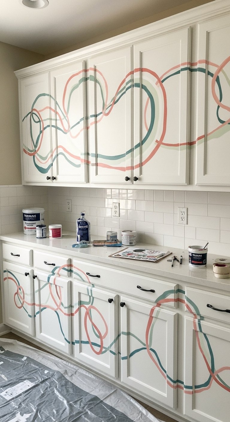 Whimsical kitchen cabinets with a hand-painted squiggly design in accent colors on a base coat for an unforgettable look