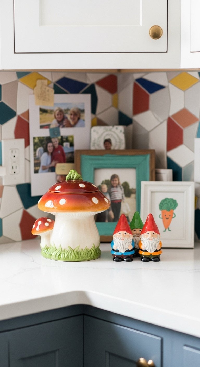 Whimsical kitchen countertop featuring a mushroom cookie jar gnome shakers and colorful tiled backsplash