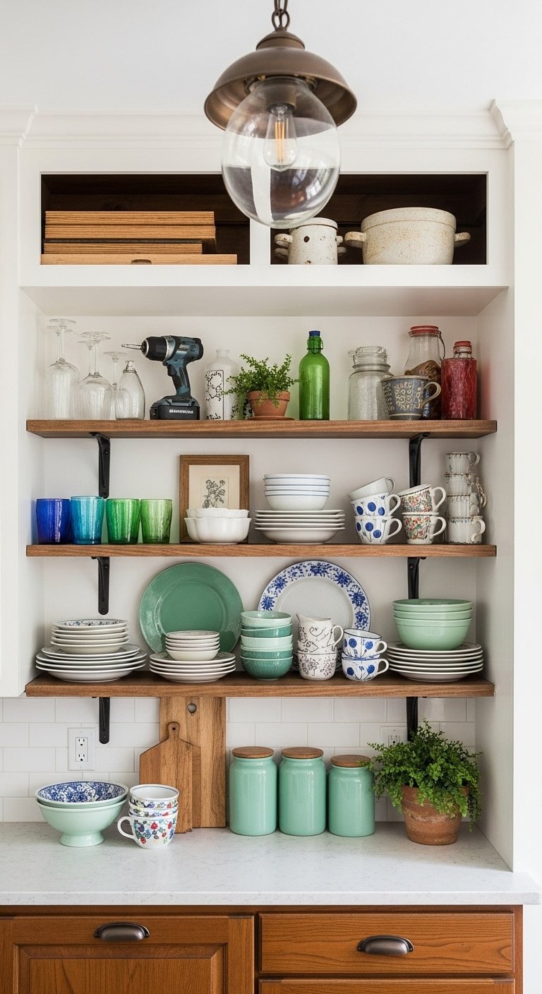 Whimsical kitchen open shelving displaying colorful dishes rustic accessories and small plants on reclaimed wood shelves