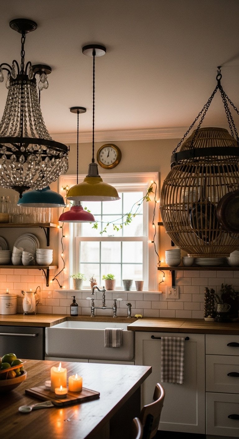 Whimsical kitchen with a bold statement light fixture delicate string lights and ambient candlelight for a magical ambiance