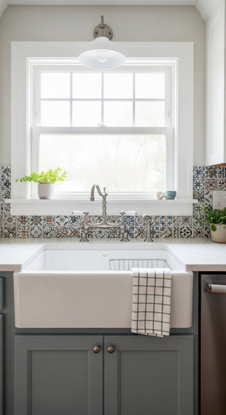 Whimsical kitchen with a classic white fireclay farmhouse sink high-arc gooseneck faucet and vintage-style details