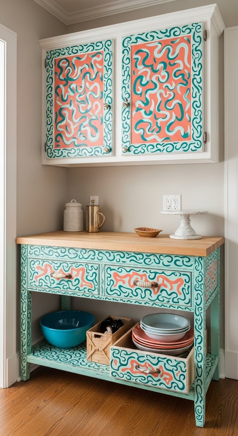 Whimsical kitchen with a repurposed vintage dresser painted in a fun color and topped with a butcher block for unique functionality