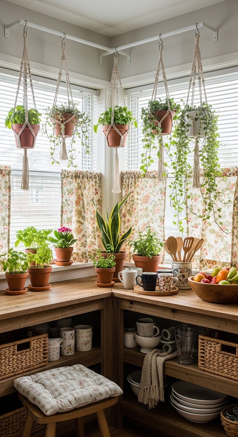 Whimsical kitchen with windowsill herb garden hanging plants reclaimed wood shelf and floral curtains