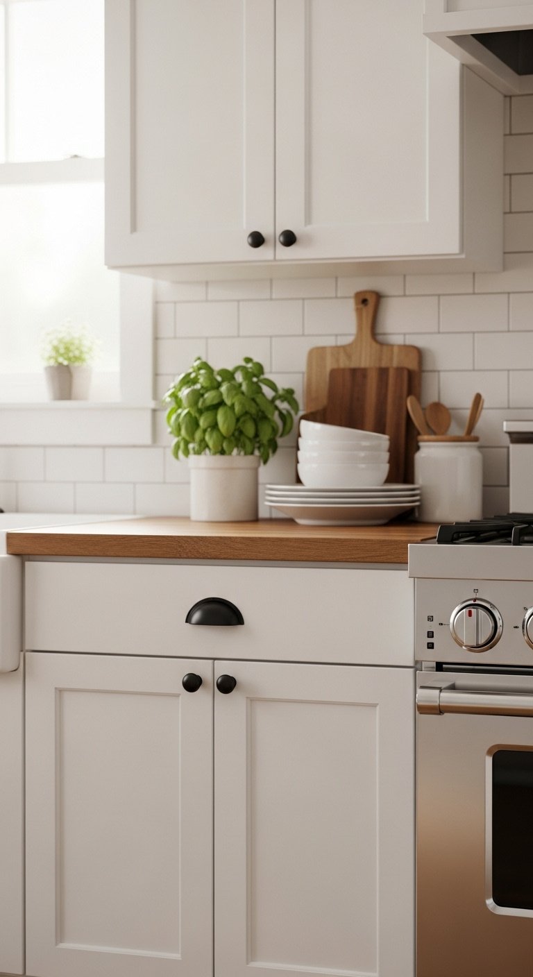 White Shaker kitchen cabinets with matte black pulls on a butcher block counter with basil plant and dishes in a cozy farmhouse setting