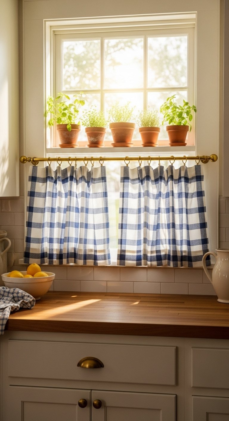 White and blue gingham cafe curtains on brass rod over kitchen window with terracotta herb pots and warm sunlight