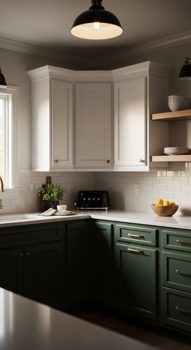 White and forest green two-tone farmhouse kitchen cabinets with brass hardware, quartz counter, toaster, and lemons