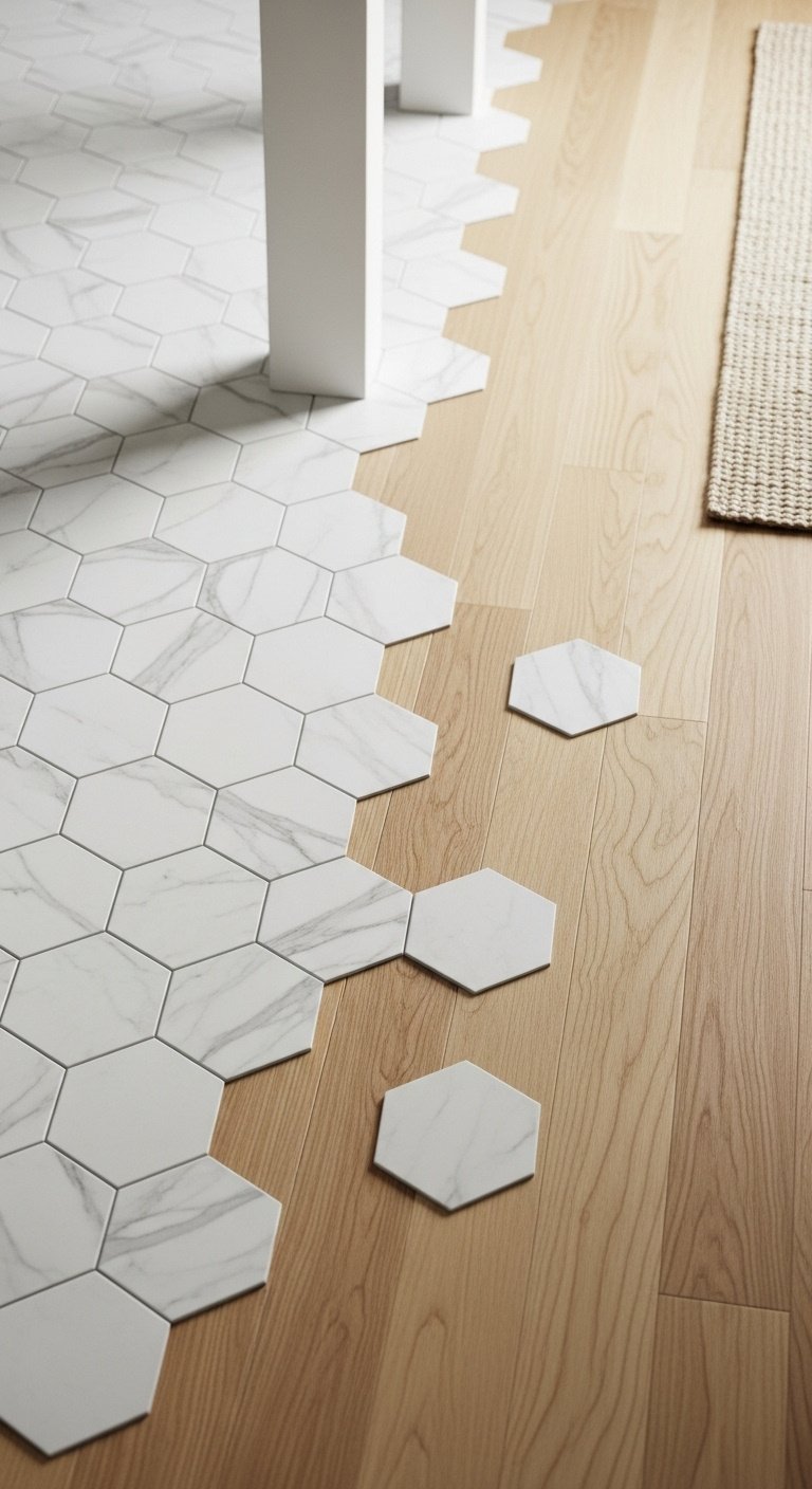 White and grey hexagonal tiles organically blending into light maple hardwood floor with soft natural light and cozy rustic mood