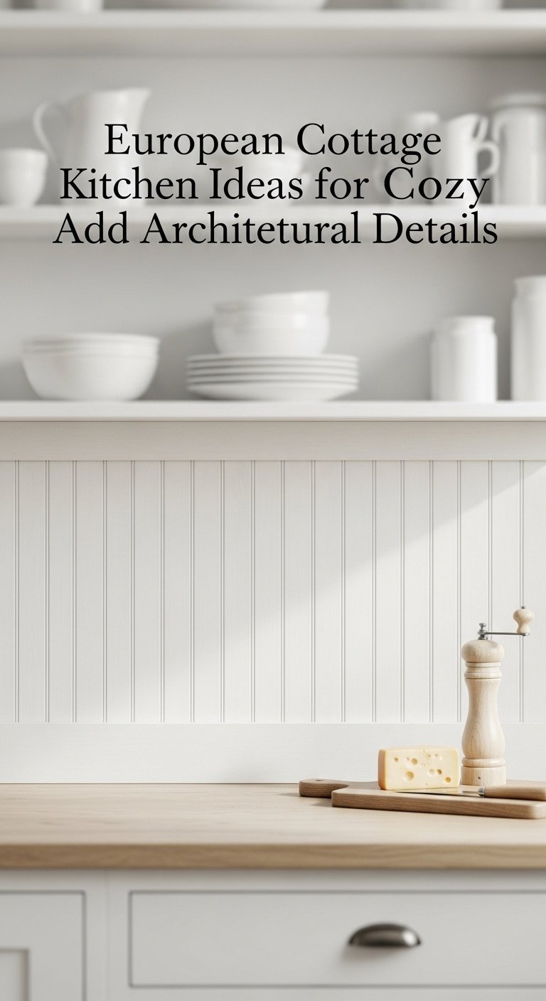 White beadboard backsplash behind a kitchen counter with a vintage pepper mill and cheese on a wooden board