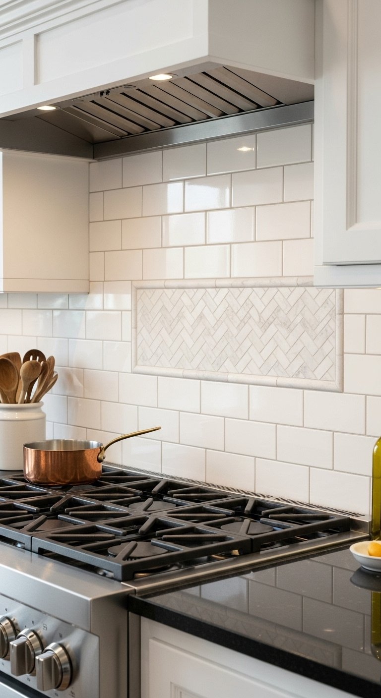 White beveled subway tile backsplash with Carrera marble mosaic inset above cooktop in a 90s kitchen remodel