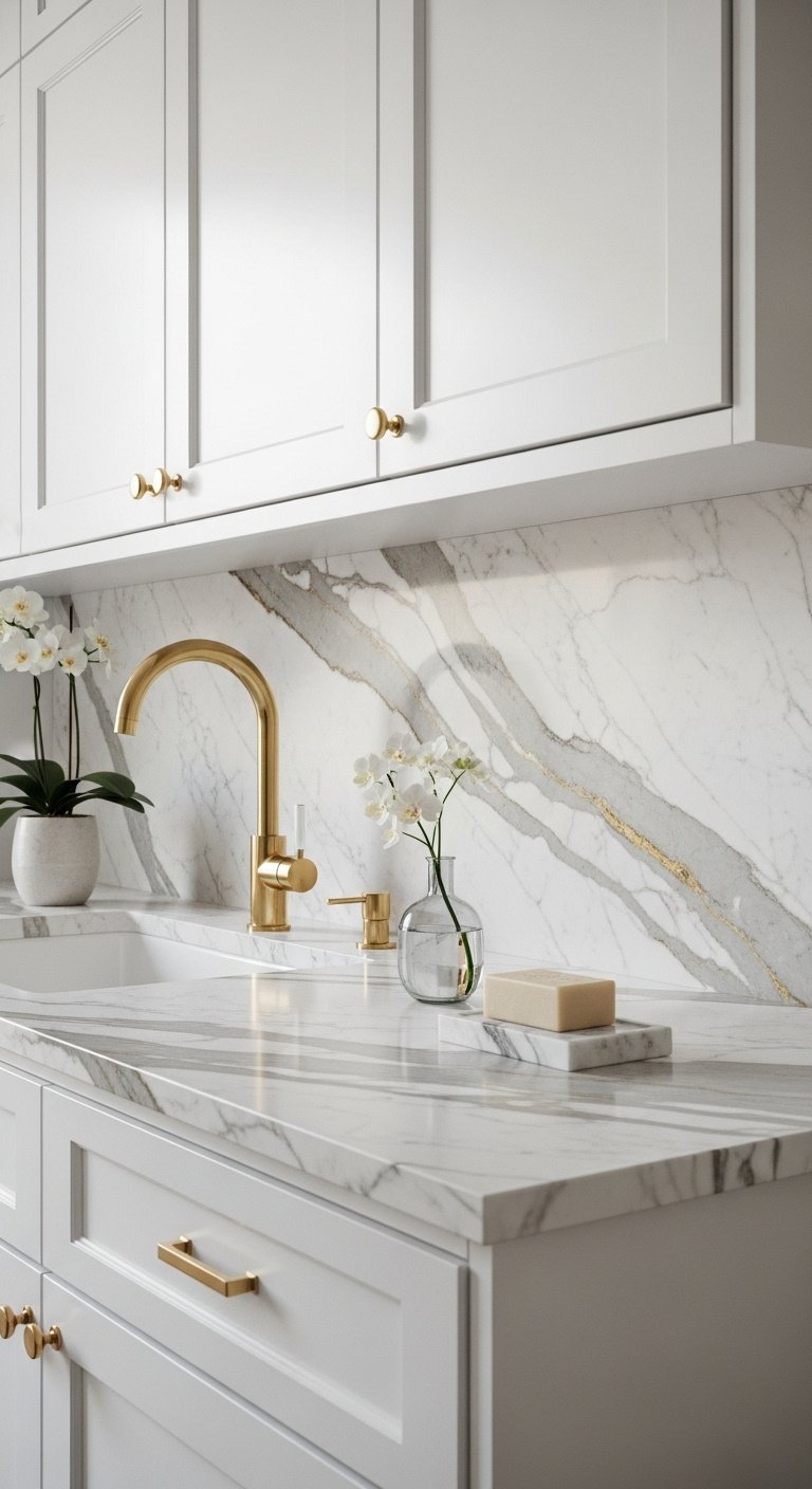 White cabinets with Calacatta quartz countertop with gray and gold veining and a chic gold faucet in an elegant kitchen