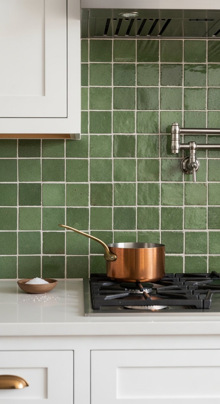 White cabinets with a stunning handcrafted green zellige tile backsplash and a copper pot on the stovetop