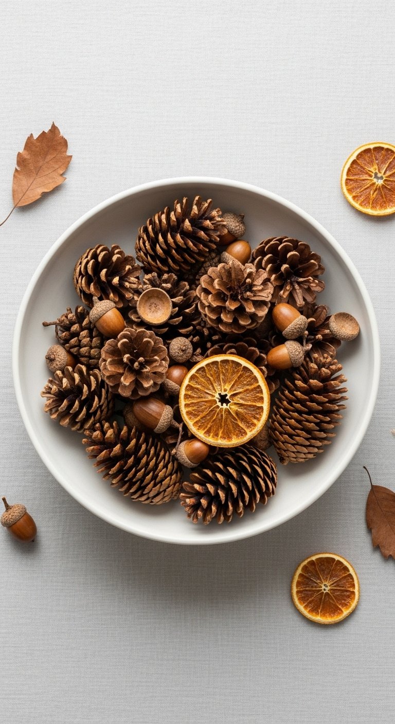 White ceramic bowl filled with natural pinecones acorns and dried orange slices on a light gray linen tablecloth