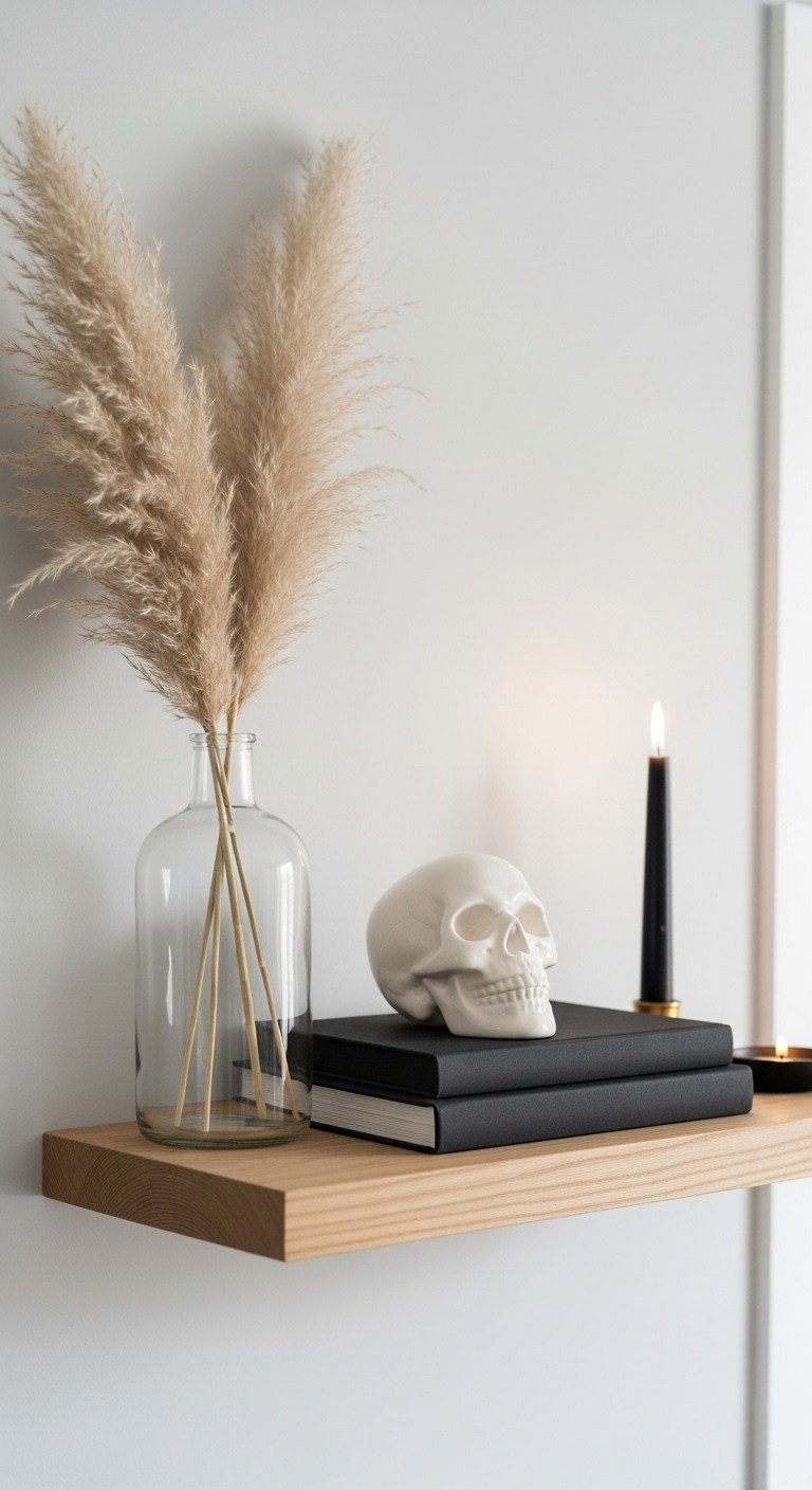 White ceramic skull on black cookbooks with pampas grass on a kitchen shelf neutral Halloween decor