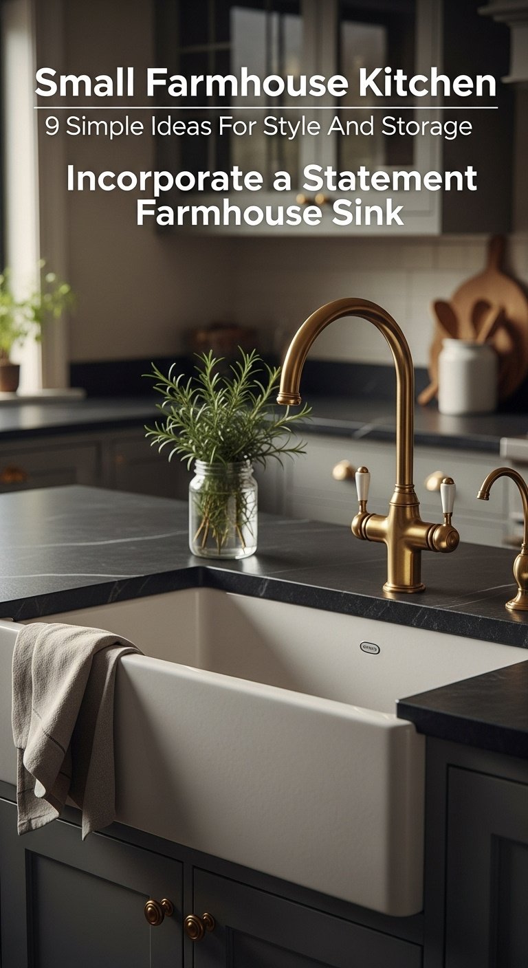 White fireclay apron-front sink, brass faucet, rosemary, and linen towel in a dark soapstone countertop kitchen