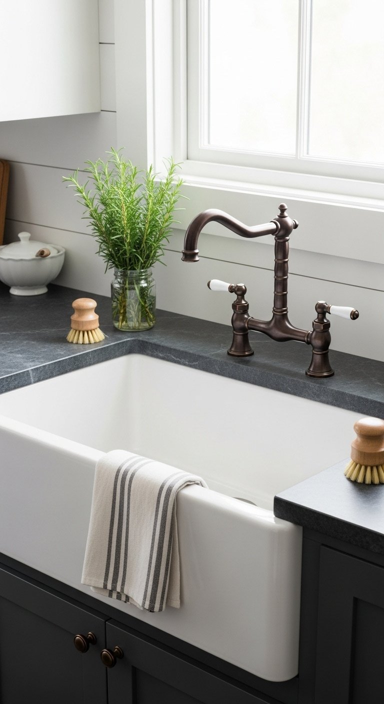 White fireclay apron-front sink in a soapstone countertop with a bronze faucet and fresh rosemary on a shiplap wall