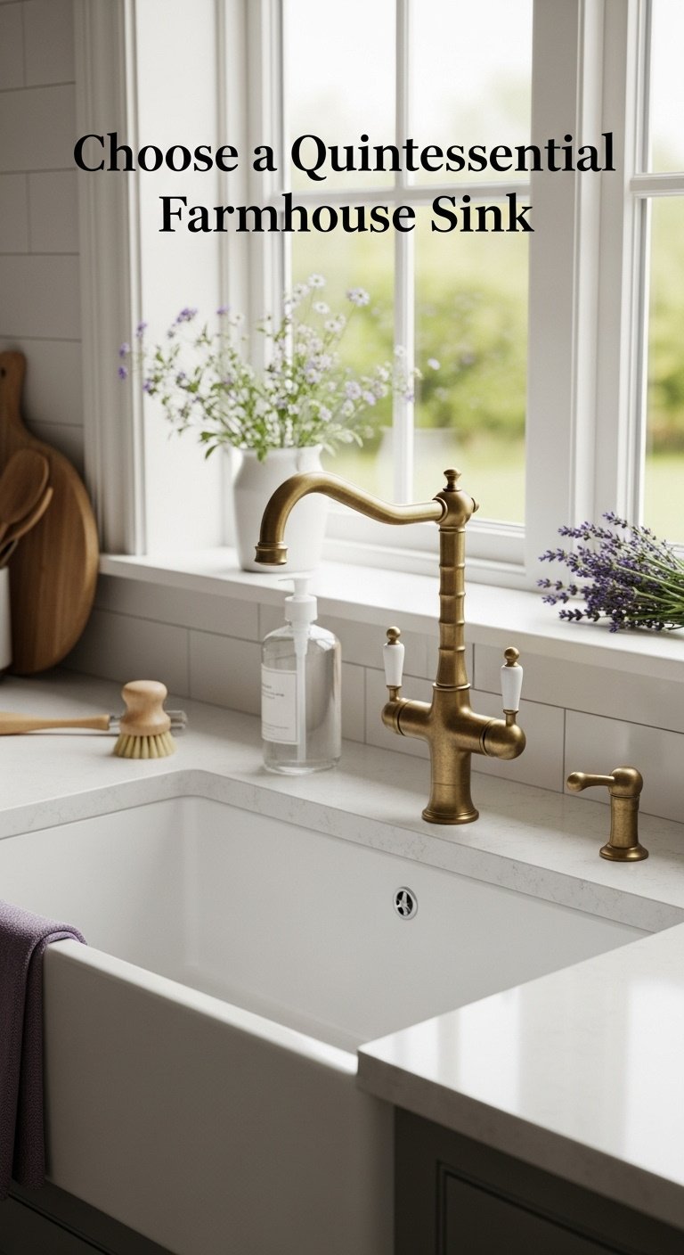 White fireclay apron-front sink with a matte brass gooseneck faucet, wooden dish brush, and lavender in a cozy kitchen