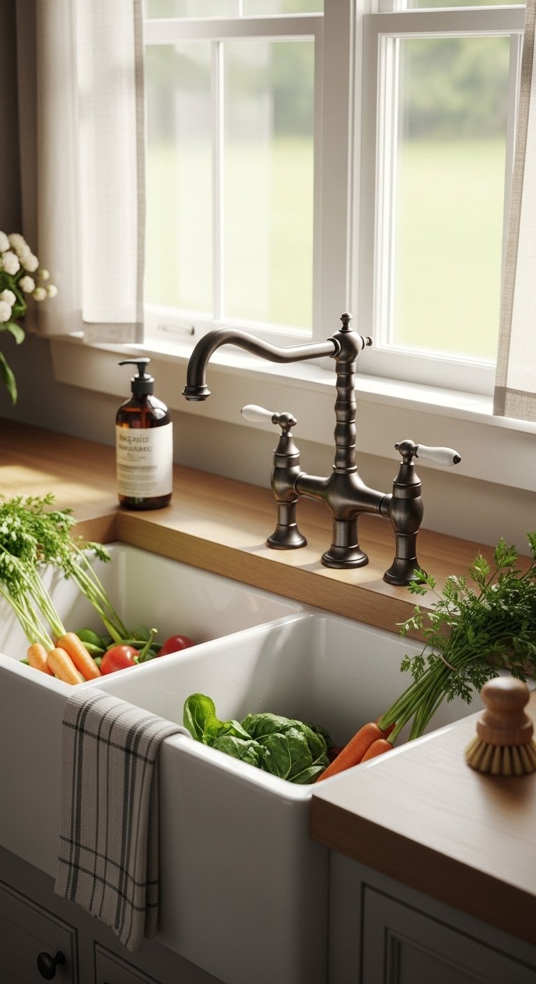 White fireclay apron-front sink with oil-rubbed bronze faucet and fresh vegetables under natural light