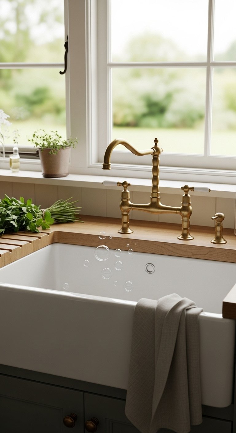 White fireclay farmhouse sink with vintage brass bridge faucet and soap bubbles in a butcher block countertop