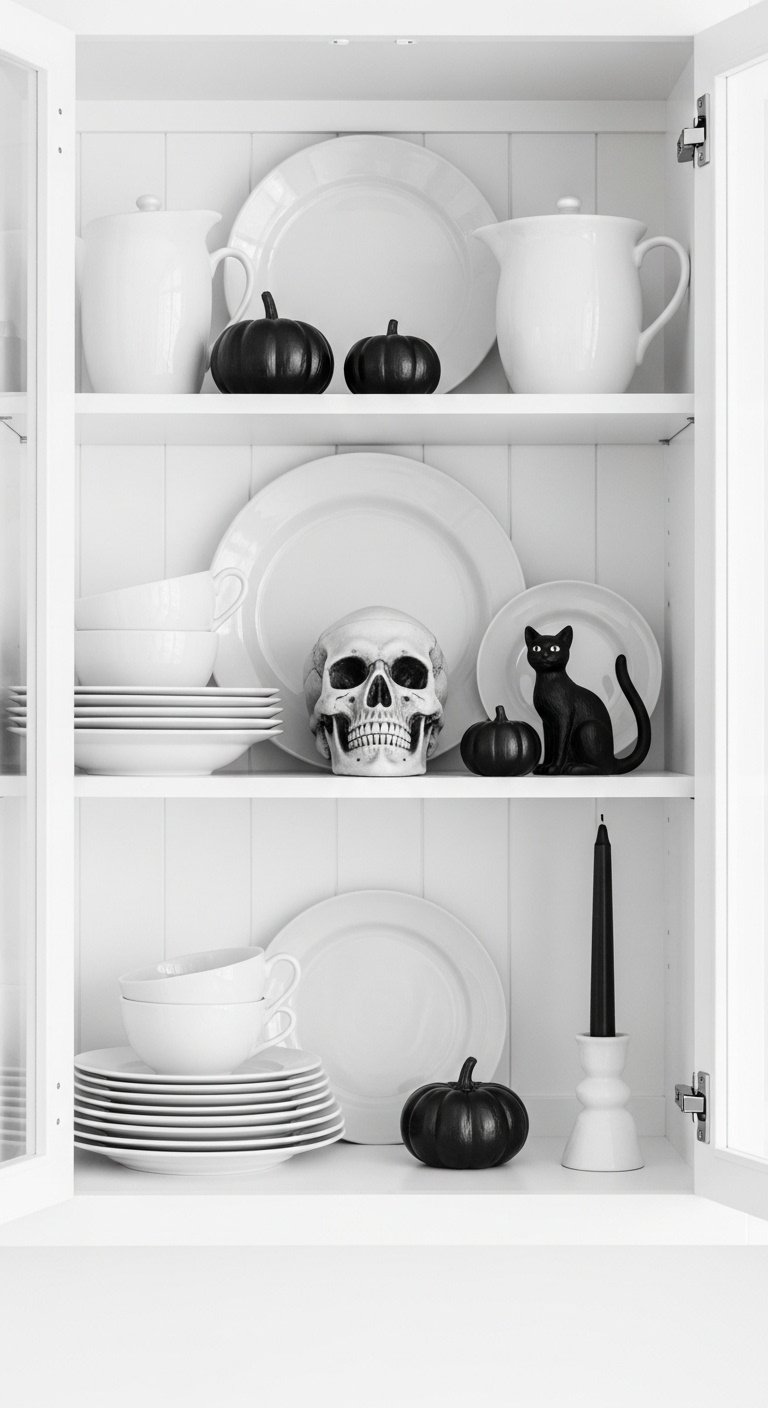 White glass-front kitchen cabinet with white dishware, faux human skull, black cat figurine, and mini black pumpkins for Halloween