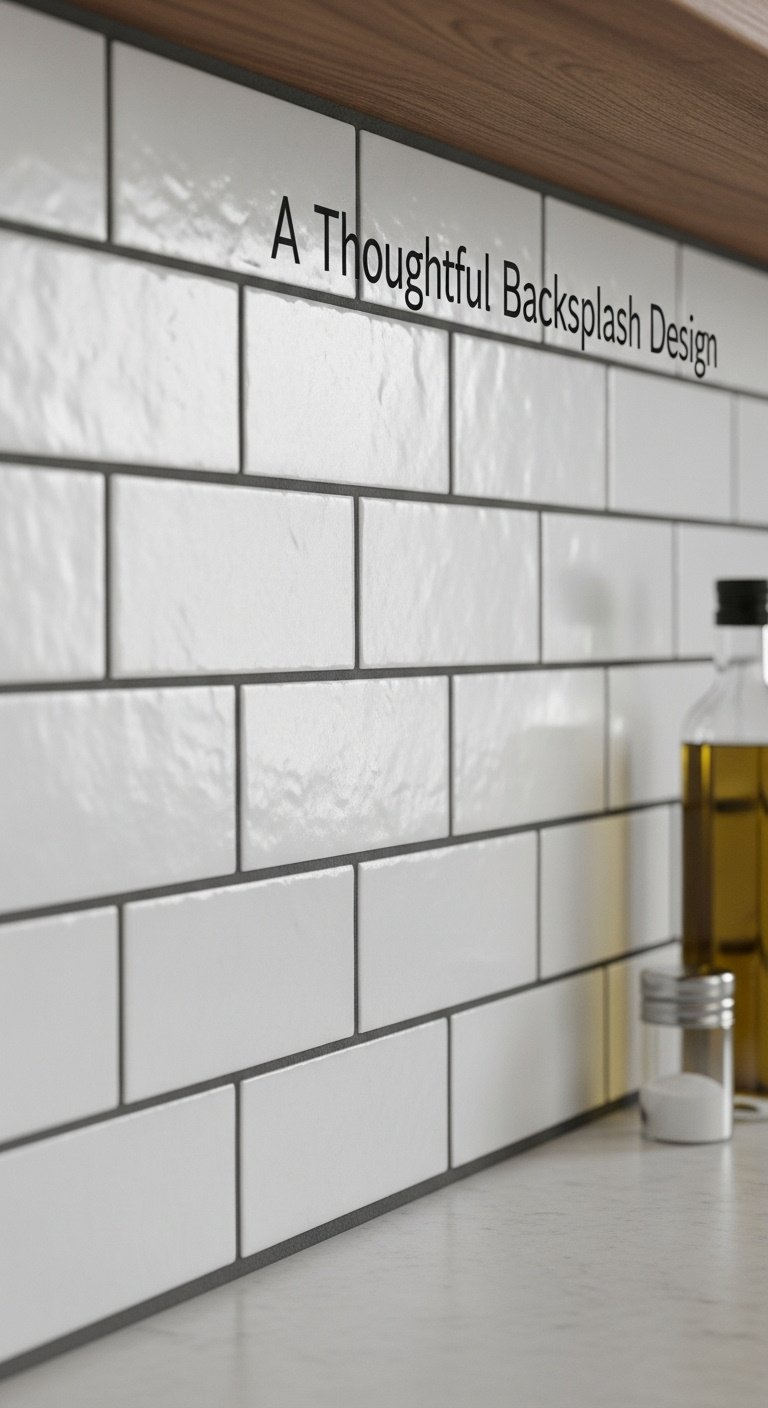 White handmade subway tile backsplash with dark grey grout and olive oil bottle on counter