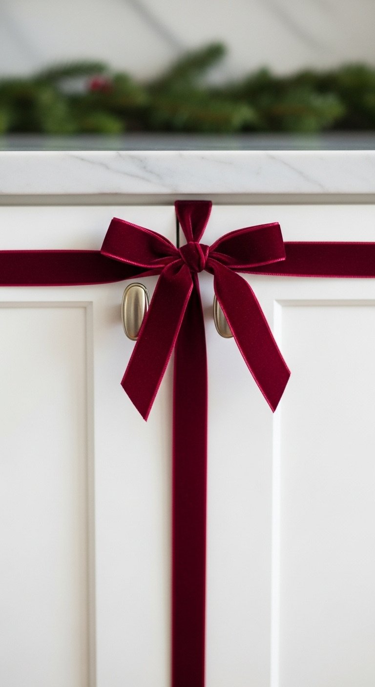 White kitchen cabinet door wrapped with a burgundy velvet ribbon tied in a perfect bow for Christmas decor