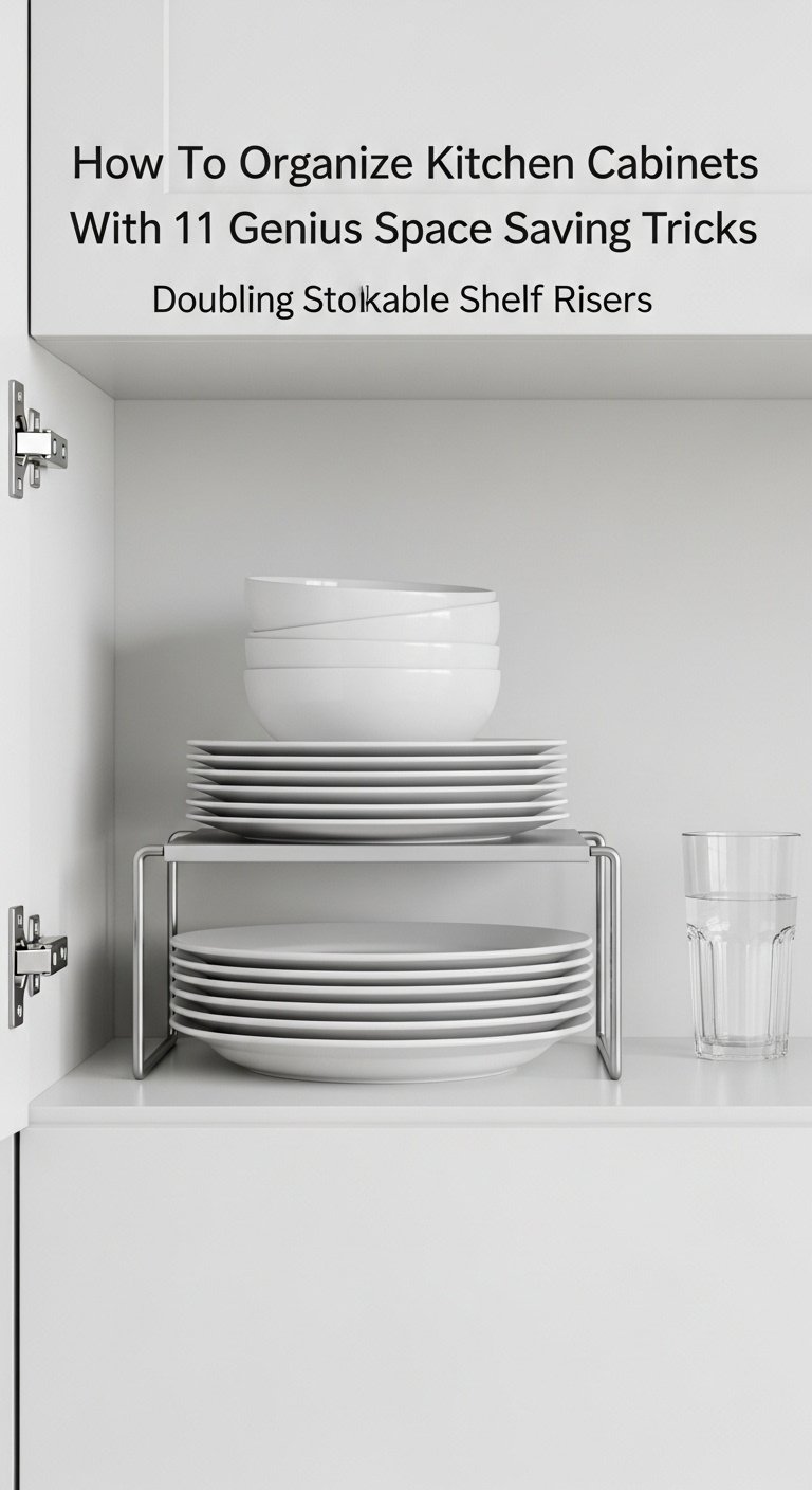 White kitchen cabinet with minimalist metal shelf riser holding stacks of dinner plates, salad plates, and bowls, with a water glass