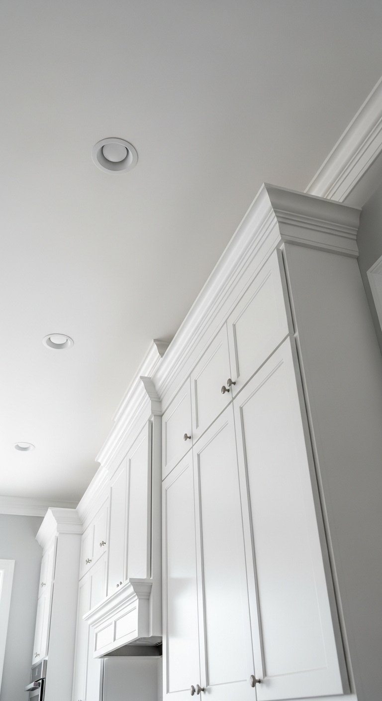 White kitchen cabinets extended to the ceiling with elegant crown molding