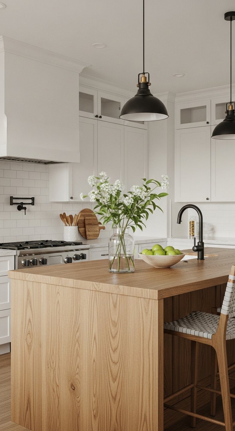 White kitchen cabinets with natural oak waterfall island green apples and matte black pendant lights in a warm organic kitchen