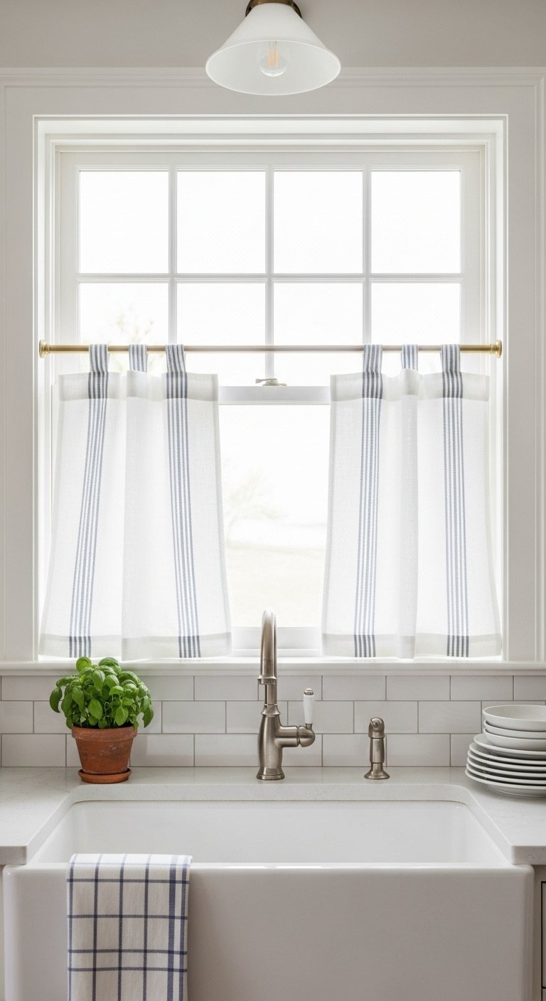 White linen cafe curtains with blue ticking stripe on brass rod over farmhouse sink with subway tile and basil plant