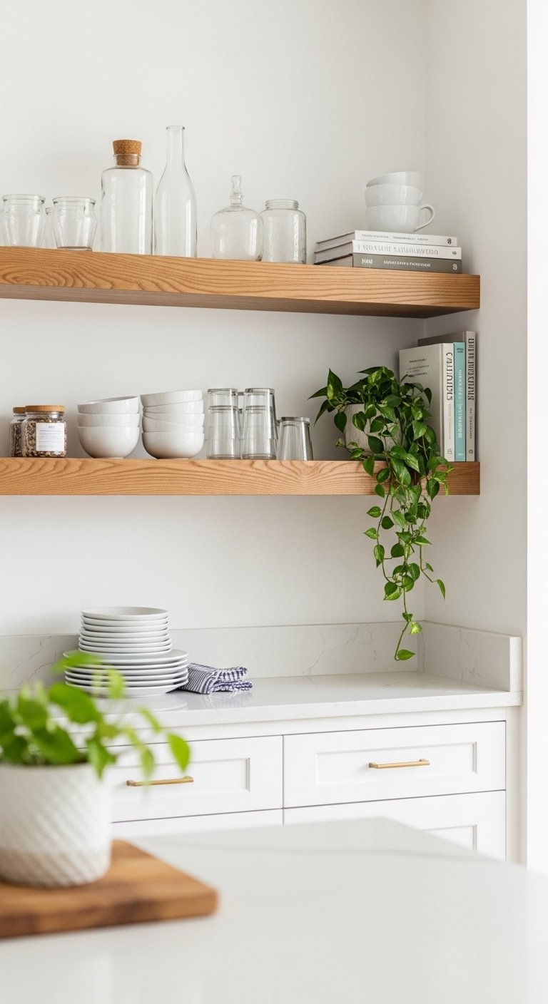 White lower cabinets with rustic oak floating shelves styled with ceramic plates glass glasses and a trailing pothos plant