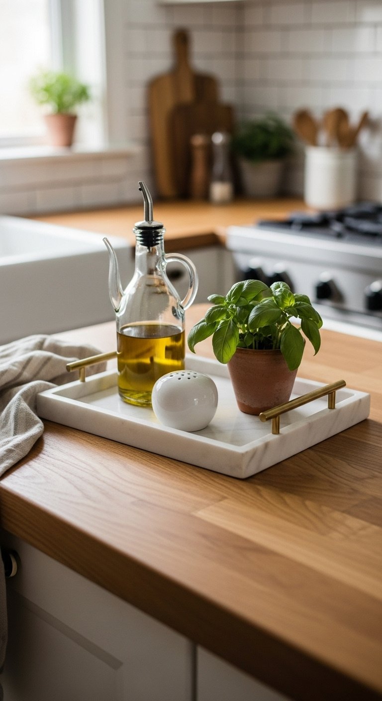 White marble tray with olive oil salt cellar and basil plant on oak butcher block countertop