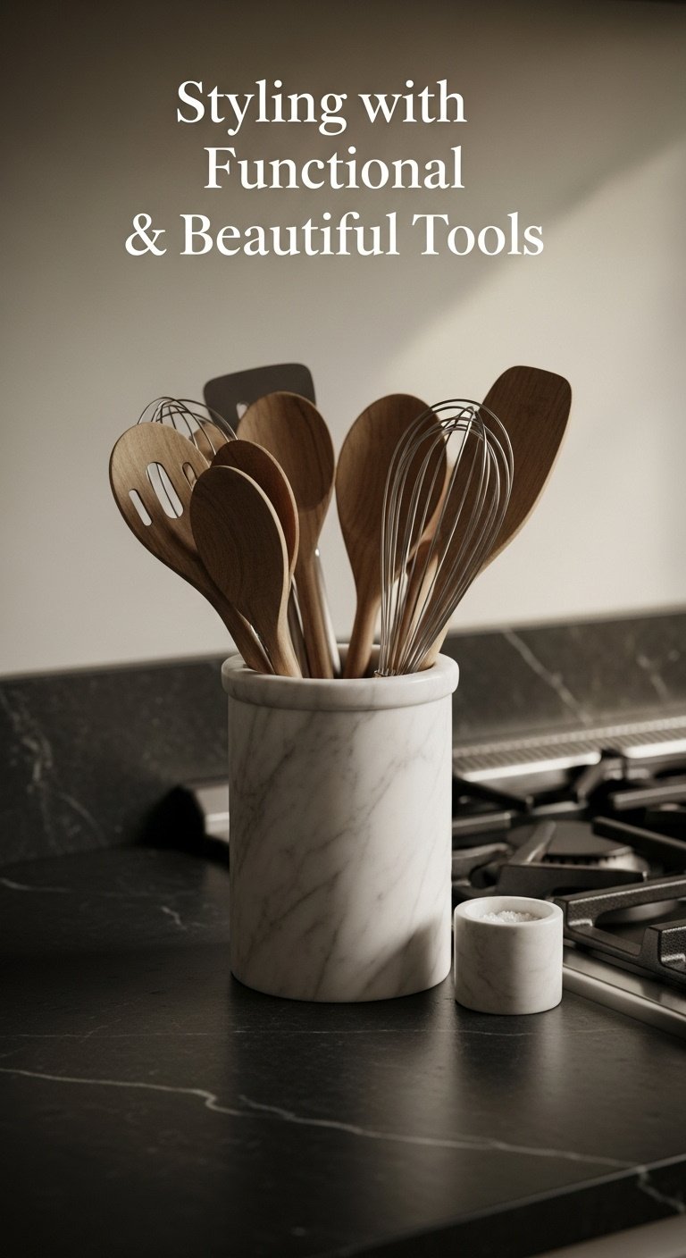 White marble utensil crock with wooden spoons and whisk on dark soapstone countertop by stove