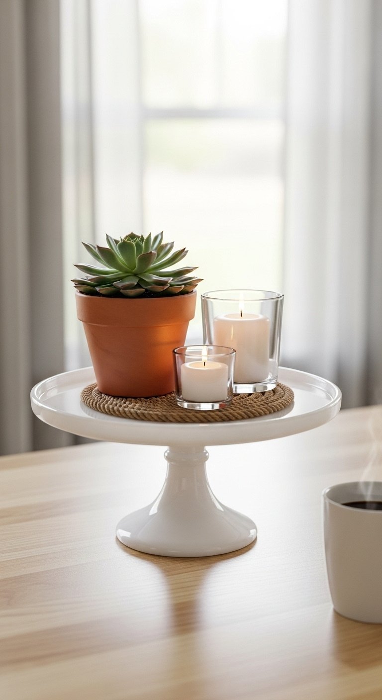 White milk glass cake stand centerpiece with a succulent, rope coaster, and white pillar candle on a light wood kitchen table