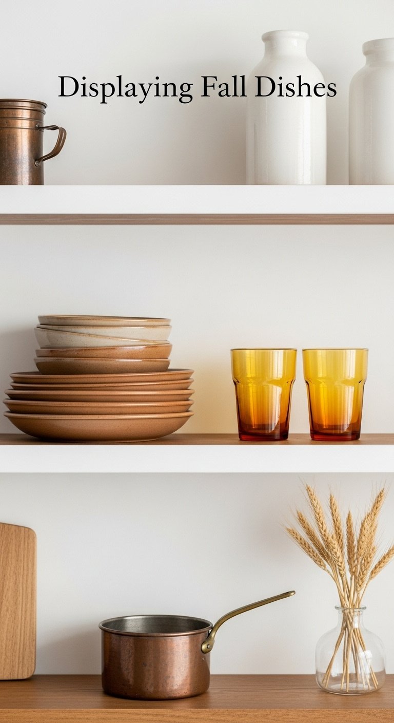 White open kitchen shelves styled for fall with earthy ceramic plates amber glasses and an antique copper pot