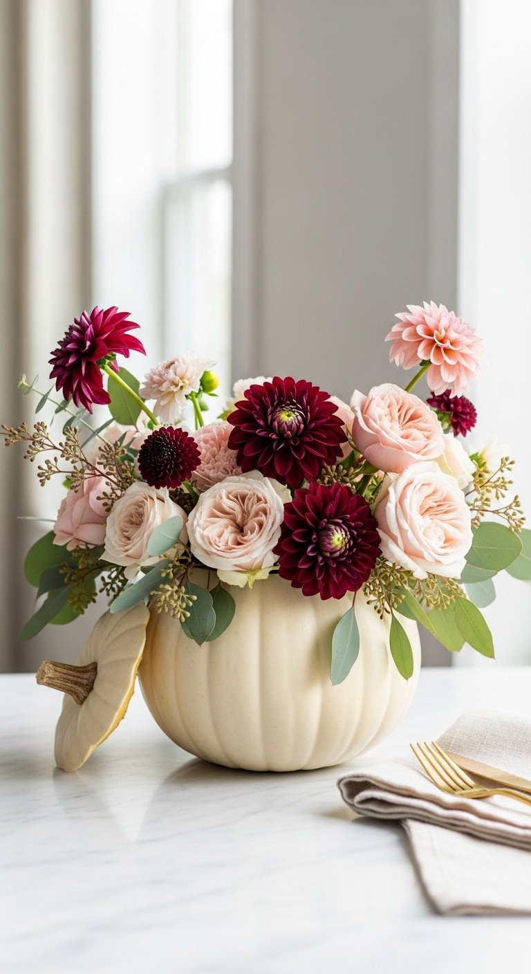 White pumpkin vase overflowing with dahlias roses and eucalyptus on a clean white marble tabletop