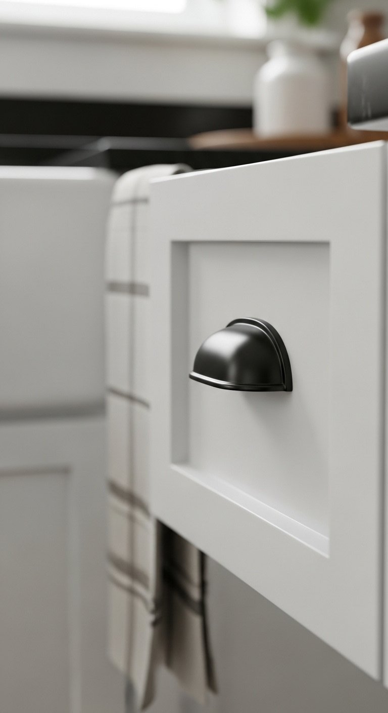 White shaker cabinet drawer with vintage matte black cup pull handle and a linen dishtowel