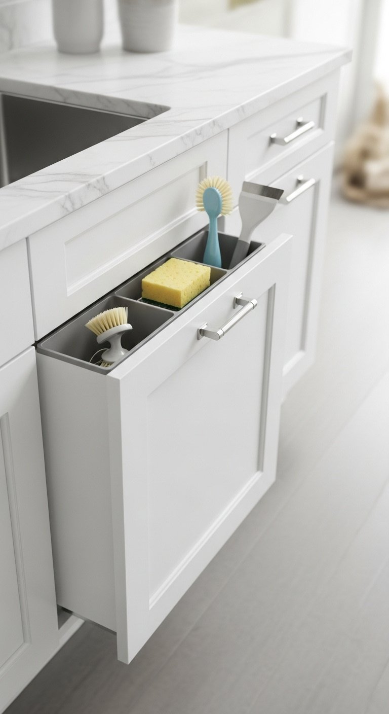 White shaker cabinet with a tip-out tray holding a sponge bottle brush and scraper for clever kitchen sink organization