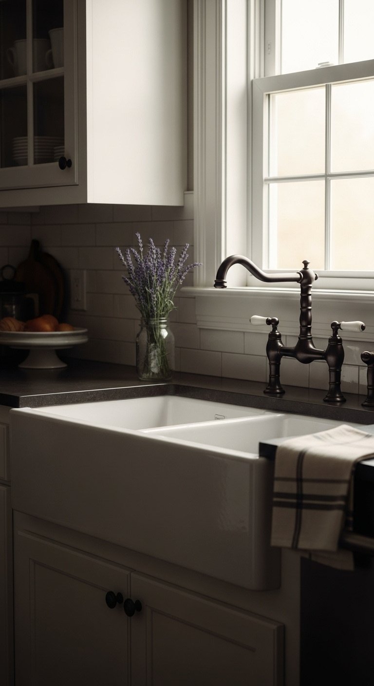 White shaker cabinets with a white ceramic apron front sink oil rubbed bronze faucet and fresh lavender in a farmhouse kitchen