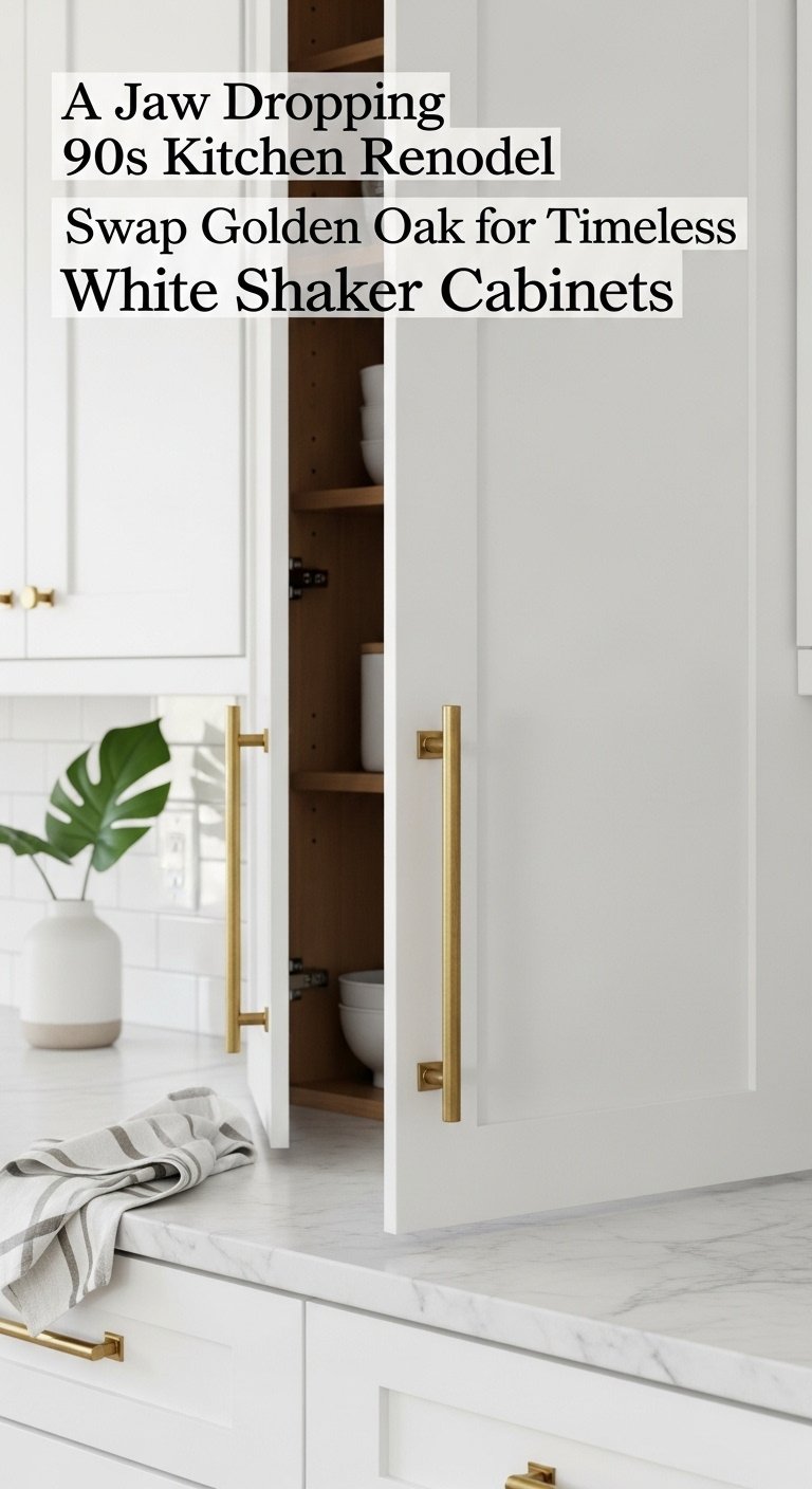 White shaker cabinets with brass pull and marble countertop a modern update from 90s golden oak kitchen remodel