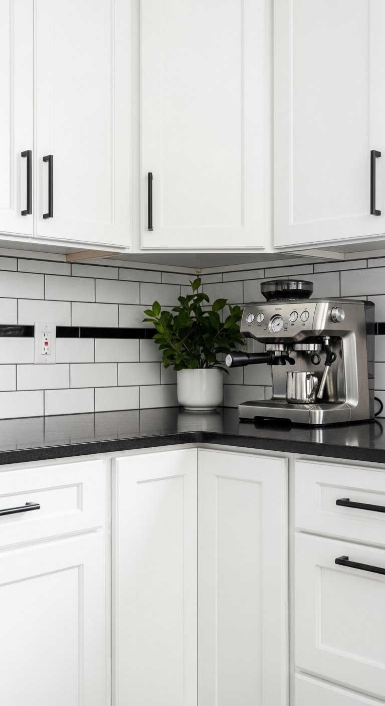White shaker cabinets with matte black granite countertop and black bar pulls in a modern kitchen with green plant