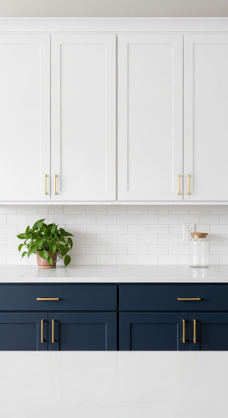 White shaker upper cabinets and navy blue lower cabinets with gold handles and white quartz countertop in an elegant kitchen