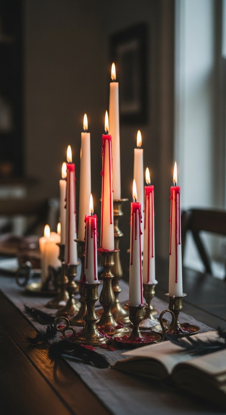 White taper candles with melted red wax dripping from vintage brass holders on a dark rustic wood table with black feathers and an antique book